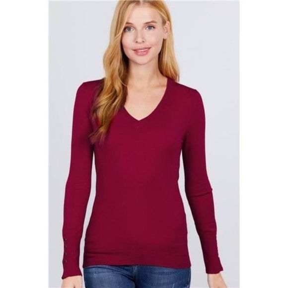 Wine Red Lightweight Viscose V Neck Sweater with Rivet Detail - Picture 2 of 5